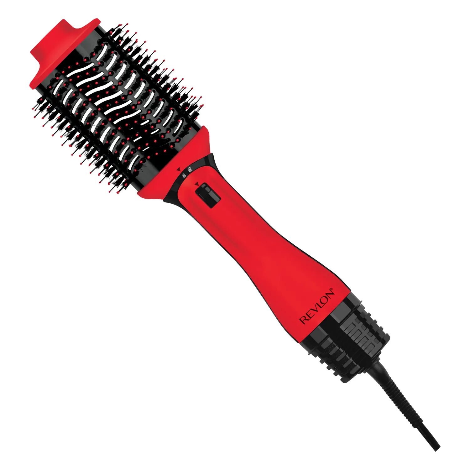 Cepillo alisador eléctrico REVLON rojo con cerdas y diseño ergonómico para peinar y alisar cabello